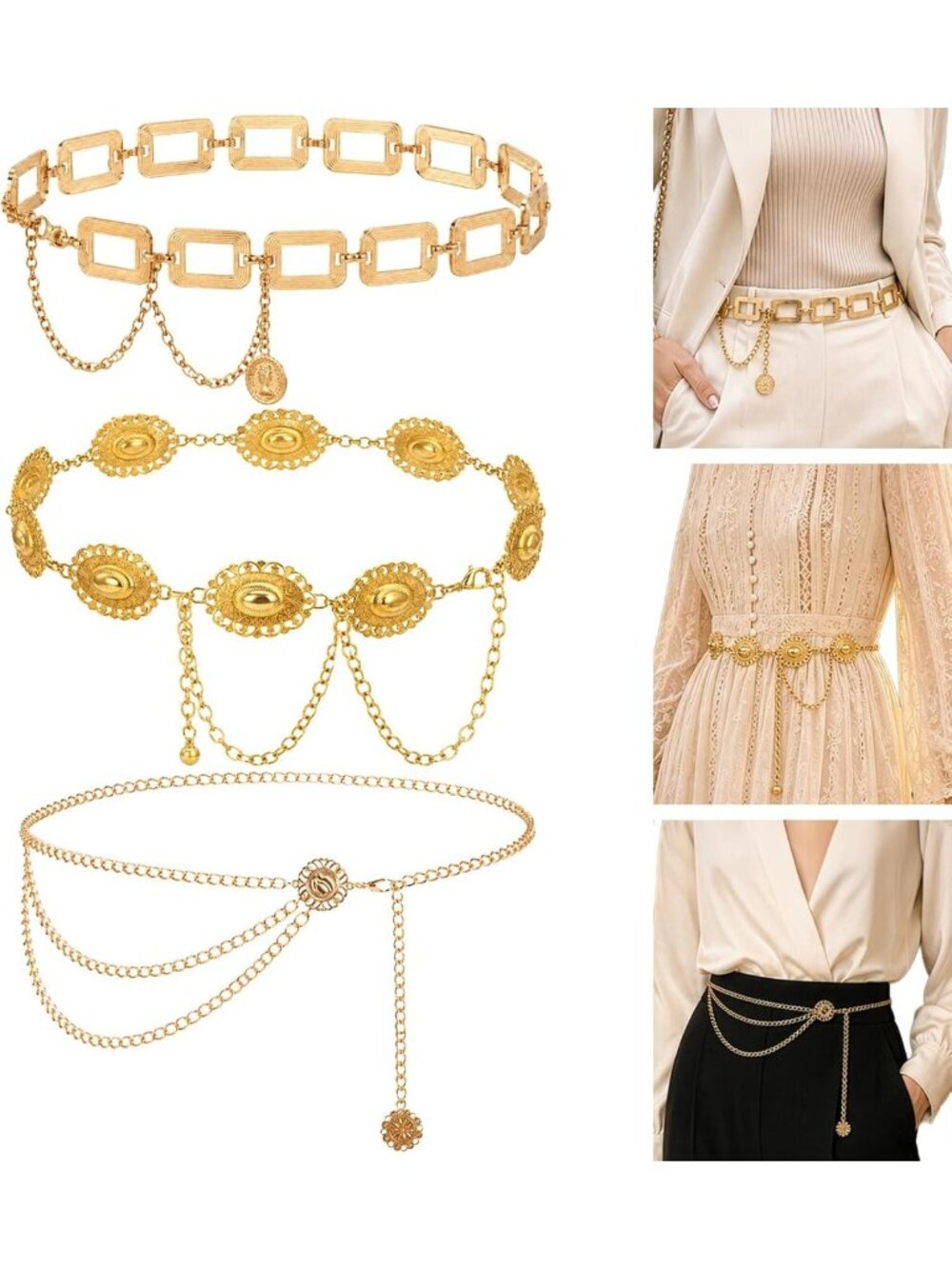 3 Pack Gold Multilayer Waist Chains for Women - Adjustable Boho Belt Set